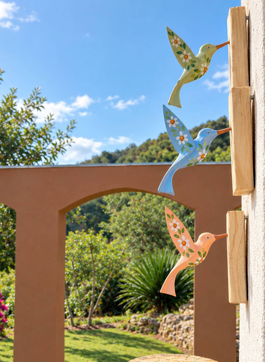 Arco de entrada do jardim com pássaros decorativos e gramado florido